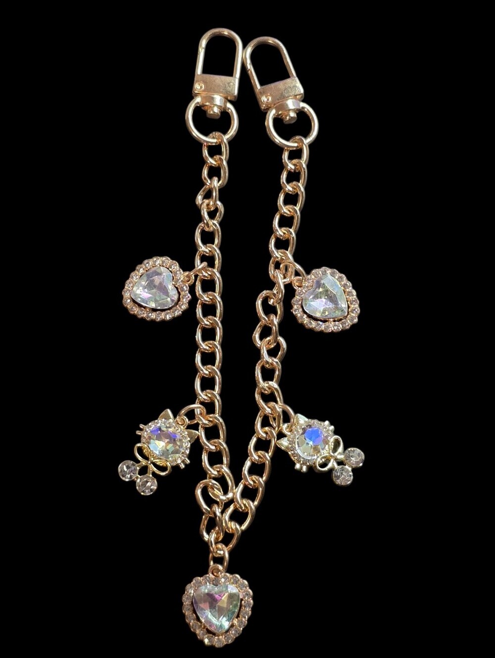 Gold-Tone Heart Charm Dangle Bag Chain- Iridescent Crystal